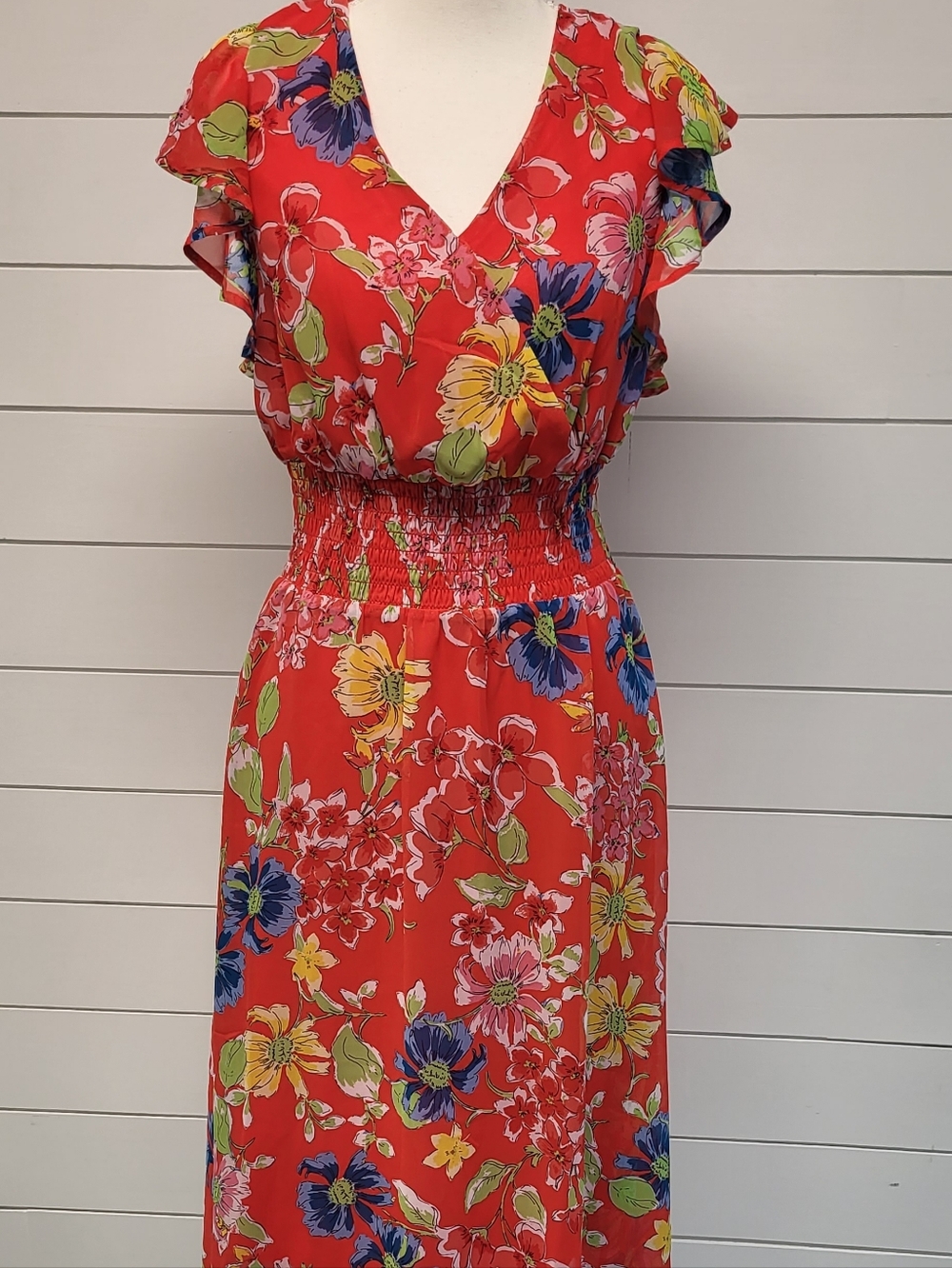 Jessica Simpson Red Floral Midi Dress with Yellow, Blue & Green Accents - Picture 10 of 12